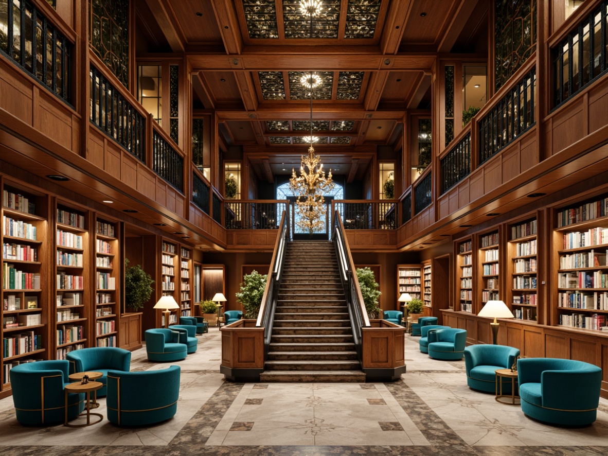 Prompt: Luxurious bookstore interior, rich wood paneling, ornate metal fixtures, geometric patterns, vibrant turquoise accents, marble countertops, sleek display shelves, comfortable reading nooks, plush velvet armchairs, sophisticated chandeliers, dramatic floor lamps, high ceilings, grand staircase, intricate moldings, metallic leaf ornaments, warm golden lighting, shallow depth of field, 1/1 composition, detailed textures, ambient occlusion.