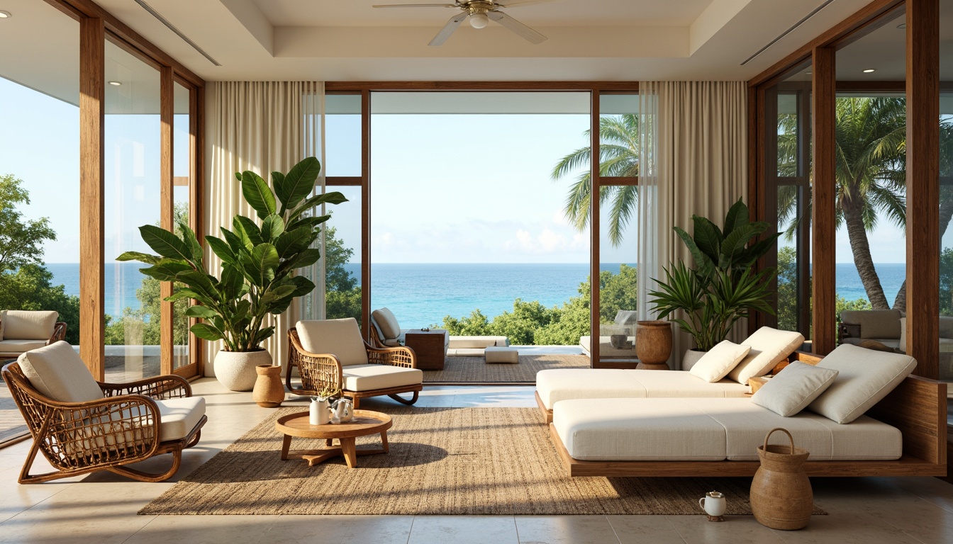 Prompt: Lush tropical plants, natural wood accents, woven rattan furniture, soft pastel colors, airy open spaces, high ceilings, large windows, sliding glass doors, ocean views, beachy vibes, woven textiles, jute rugs, linen upholstery, minimal ornamentation, organic shapes, free-flowing curves, warm ambient lighting, soft shadows, 1/1 composition, realistic materials, subtle reflections.