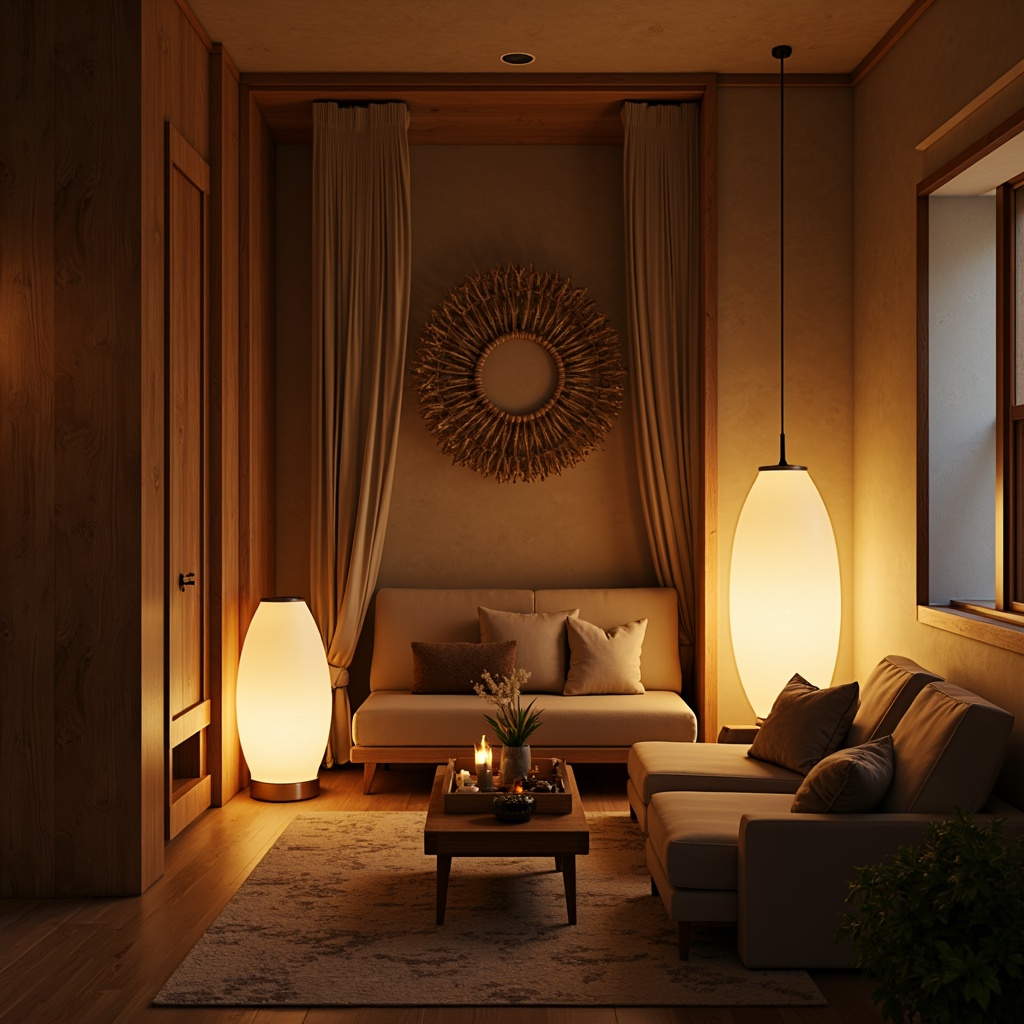 Prompt: Soft warm glow, calming atmosphere, dimmable LED lights, floor lamps, table lamps, pendant lights, natural textiles, woven fibers, earthy tones, beige walls, wooden accents, comfortable seating, plush cushions, velvet fabrics, subtle color palette, gentle shadows, warm white light, cozy nooks, intimate spaces, peaceful ambiance, 1/1 composition, soft focus, shallow depth of field, realistic lighting effects.