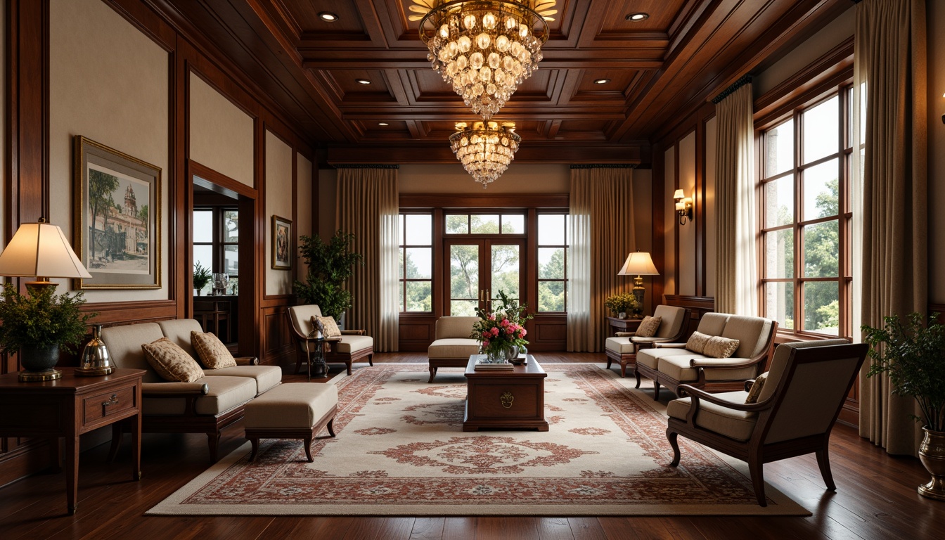 Prompt: Traditional office interior, rich wood accents, ornate furniture, luxurious fabrics, subtle patterns, elegant lighting fixtures, refined color palette, sophisticated artwork, classic architectural details, grand chandeliers, plush area rugs, comfortable seating areas, warm neutral tones, soft diffused lighting, 2/3 composition, atmospheric perspective, realistic reflections, detailed textures.