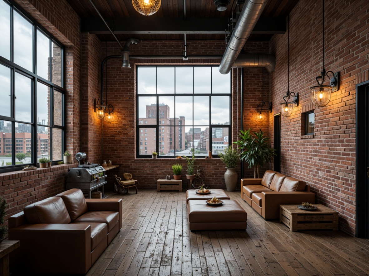 Prompt: Rustic warehouse setting, distressed brick walls, metal beams, reclaimed wood floors, industrial lighting fixtures, exposed ductwork, vintage manufacturing equipment, worn leather sofas, wooden crates, metal pipes, urban cityscape, cloudy day, soft warm lighting, shallow depth of field, 3/4 composition, realistic textures, ambient occlusion.