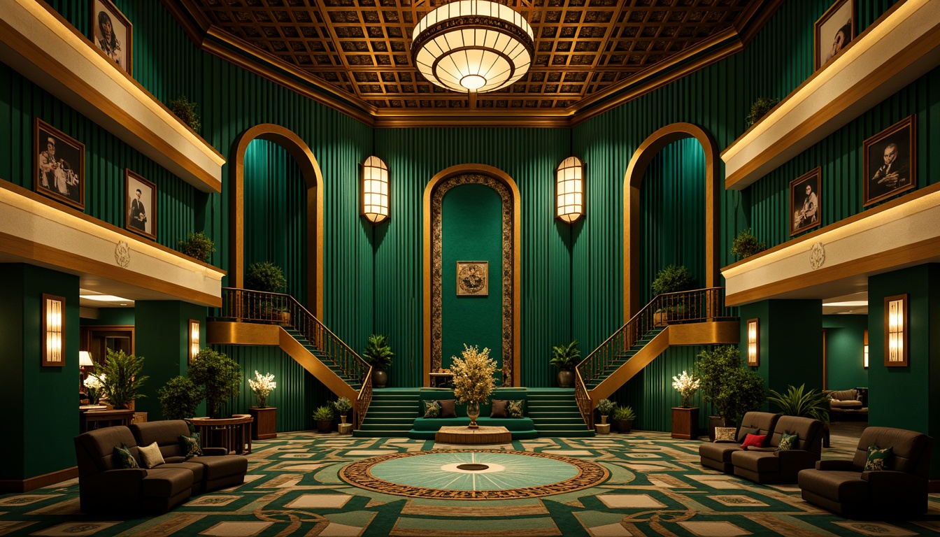 Prompt: Luxurious art deco cinema interior, rich jewel tones, emerald green walls, gold accents, velvet curtains, ornate metalwork, geometric patterns, lavish chandeliers, soft warm lighting, deep shadows, opulent furnishings, metallic sheen, high-gloss finishes, bold color blocking, vintage Hollywood glamour, nostalgic ambiance, 1920s-inspired decor, grandiose architectural details, sweeping staircases, dramatic archways, lavish textiles, intricate moldings.