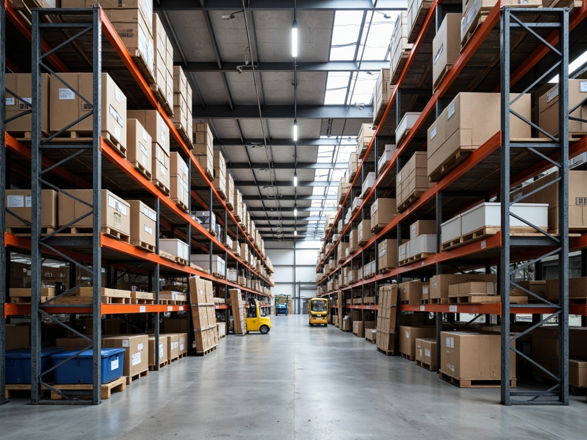 Prompt: Industrial warehouse, metal shelving units, sturdy frames, adjustable shelves, rust-resistant coating, durable storage bins, labeled containers, organized inventory, efficient logistics, high-bay storage, vertical space utilization, natural lighting, concrete flooring, minimal decor, functional design, steel beams, exposed ductwork, fluorescent lighting, 1/1 composition, softbox lighting, realistic textures.