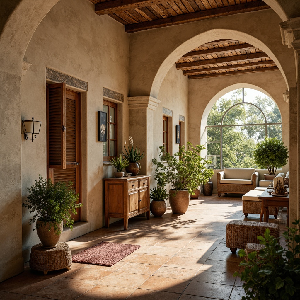 Prompt: Warm Mediterranean interior, textured walls, rustic stone accents, distressed wood furniture, soft creamy color palette, ornate metalwork, intricate ceramic tiles, natural fiber rugs, potted lush greenery, arched windows, wooden shutters, soft warm lighting, shallow depth of field, 1/1 composition, cozy atmosphere, vintage decorative items, earthy scent.