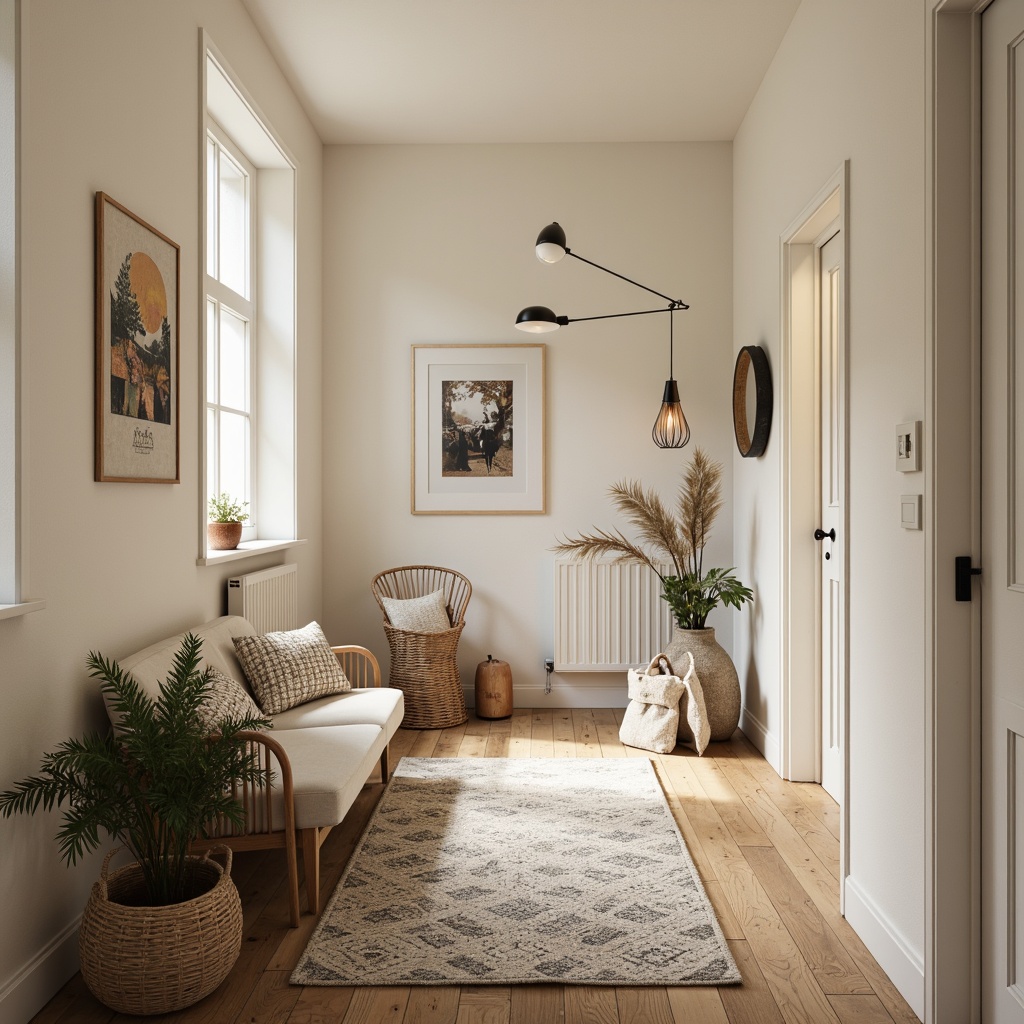 Prompt: Cozy Scandinavian-style hallway, warm wooden flooring, soft cream-colored walls, minimalist decor, geometric patterned rug, modern pendant lighting, sleek metal banister, comfortable plush sofa, vintage-inspired decorative accents, natural fiber textiles, woven baskets, potted greenery, subtle Nordic patterns, earthy color palette, soft diffused light, shallow depth of field, 1/1 composition, intimate atmosphere.