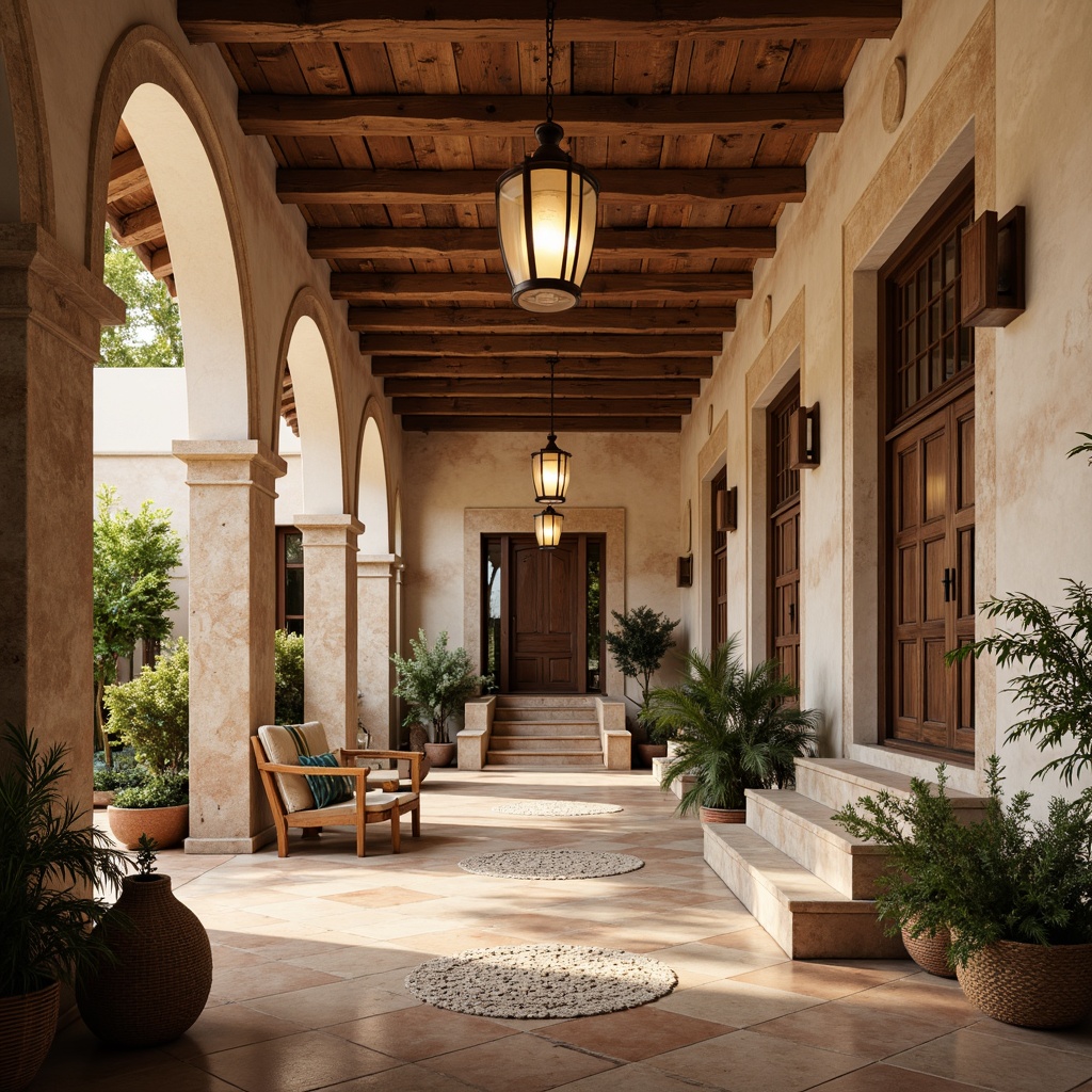 Prompt: Warm Mediterranean ambiance, vaulted ceilings, ornate tiles, rustic stone walls, decorative arches, grand staircases, elegant chandeliers, soft warm lighting, subtle color temperature, warm beige tones, creamy whites, earthy reds, turquoise accents, lush greenery, potted plants, natural ventilation, open spaces, high ceilings, minimal shadows, softbox lights, LED strips, ambient glow, 3/4 composition, realistic textures, subtle reflections.