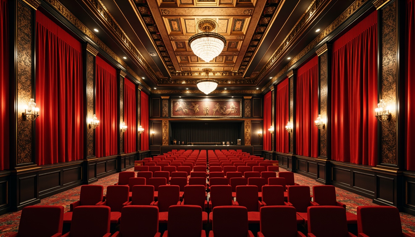 Prompt: Luxurious cinema interior, opulent art deco design, rich jewel-toned color palette, velvety red curtains, golden accents, ornate geometric patterns, metallic bronze fixtures, lavish chandeliers, intricate moldings, plush velvet seats, bold black outlines, sophisticated cream walls, glamorous chrome details, dramatic spotlights, warm ambient glow, cinematic 1920s flair, vintage glamour, high-contrast lighting, shallow depth of field, symmetrical composition.