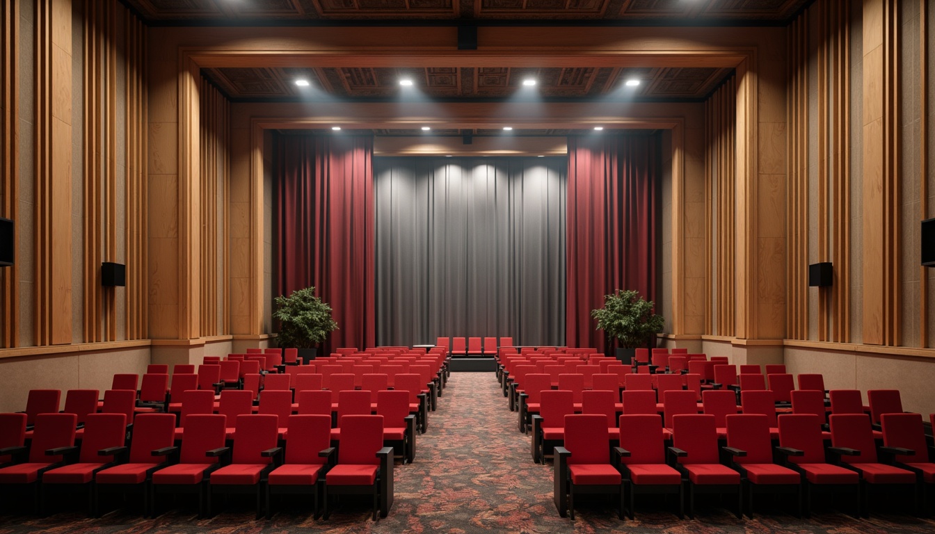 Prompt: Vibrant auditorium, rich wood accents, luxurious velvet seats, dramatic stage lighting, bold crimson curtains, polished brass fixtures, sophisticated neutral tones, creamy whites, deep charcoal grays, warm beige walls, elegant golden trims, subtle texture contrasts, atmospheric misty ambiance, soft focus spotlighting, 1/1 composition, realistic material reflections, ambient occlusion.