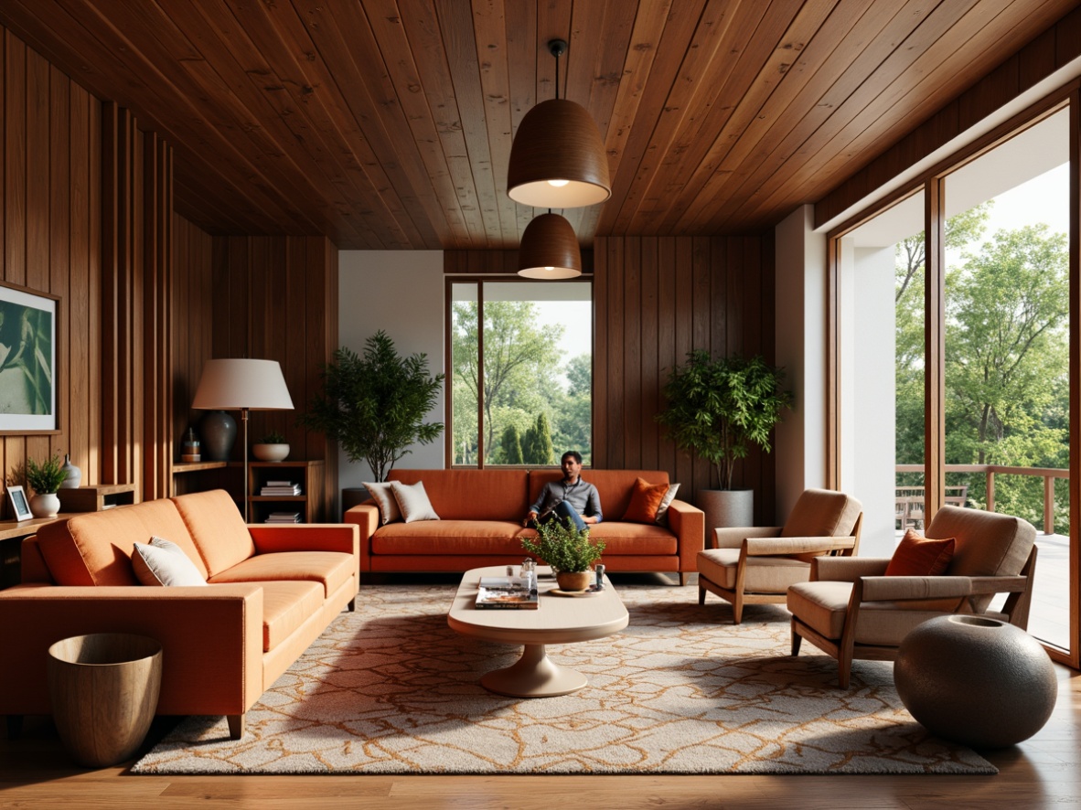 Prompt: Mid-century modern living room, warm earthy tones, rich walnut wood furniture, plush velvet sofas, geometric patterned rugs, statement lighting fixtures, organic shapes, natural textiles, retro-inspired color palette, burnt orange accents, creamy whites, deep charcoal grays, lush greenery, abundant natural light, 1/1 composition, shallow depth of field, soft warm lighting, realistic textures.