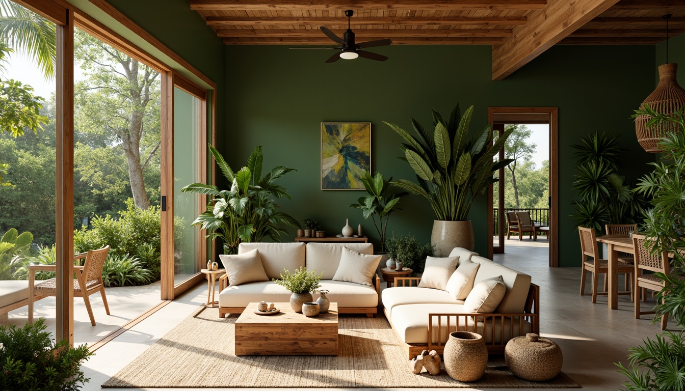 Prompt: Tropical interior space, lush green walls, exotic plants, rattan furniture, natural textiles, woven baskets, wooden accents, warm beige tones, soft diffused lighting, shallow depth of field, 1/1 composition, realistic wood grain, ambient occlusion, open-plan living area, minimalist decor, earthy color palette, organic shapes, natural stone flooring, sliding glass doors, outdoor connection, serene atmosphere, sunny day, soft warm breeze.