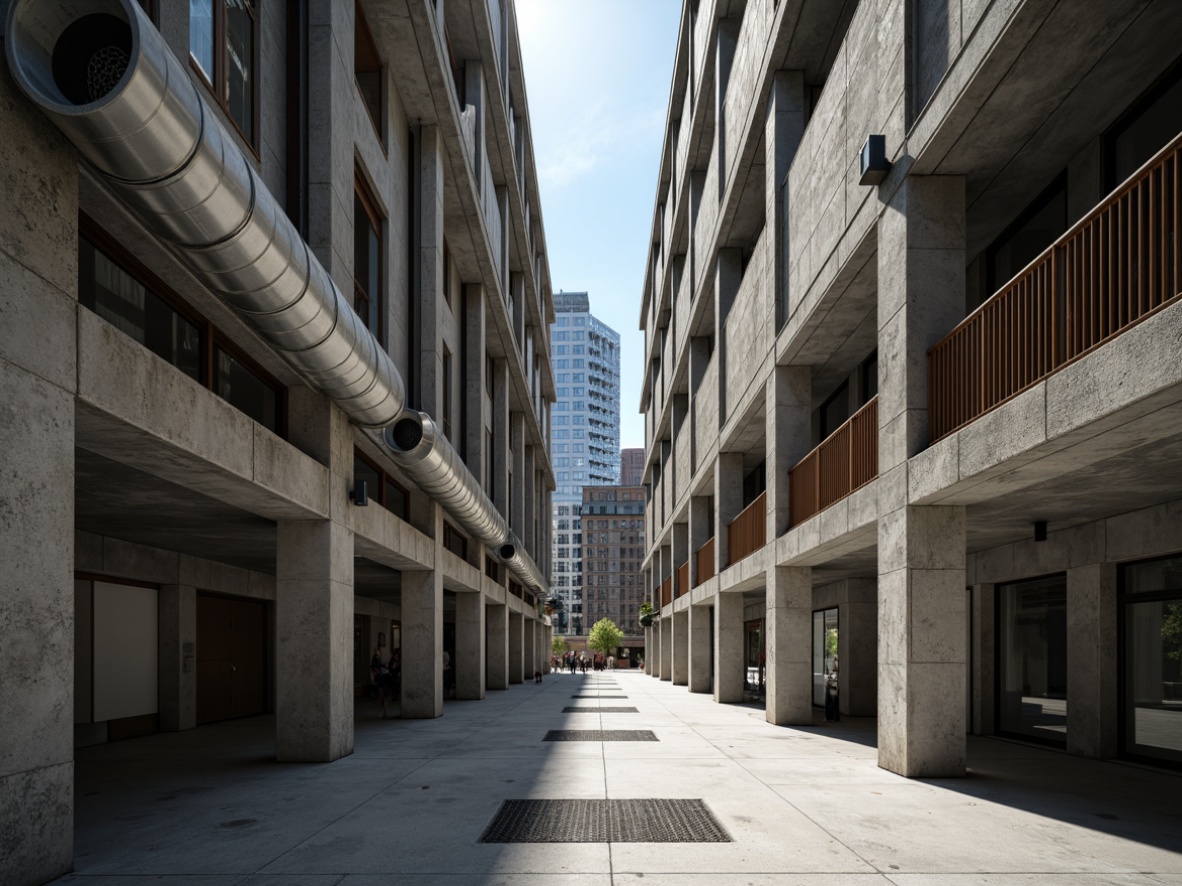 Prompt: Rugged concrete facade, industrial pipes, metal beams, exposed ductwork, urban cityscape, brutalist architecture, functional minimalism, raw unfinished textures, poured concrete walls, steel reinforcements, mechanical equipment, utilitarian design, modernist aesthetic, high-ceiling interior, natural light pouring in, shallow depth of field, 2/3 composition, dramatic shadows, realistic reflections.