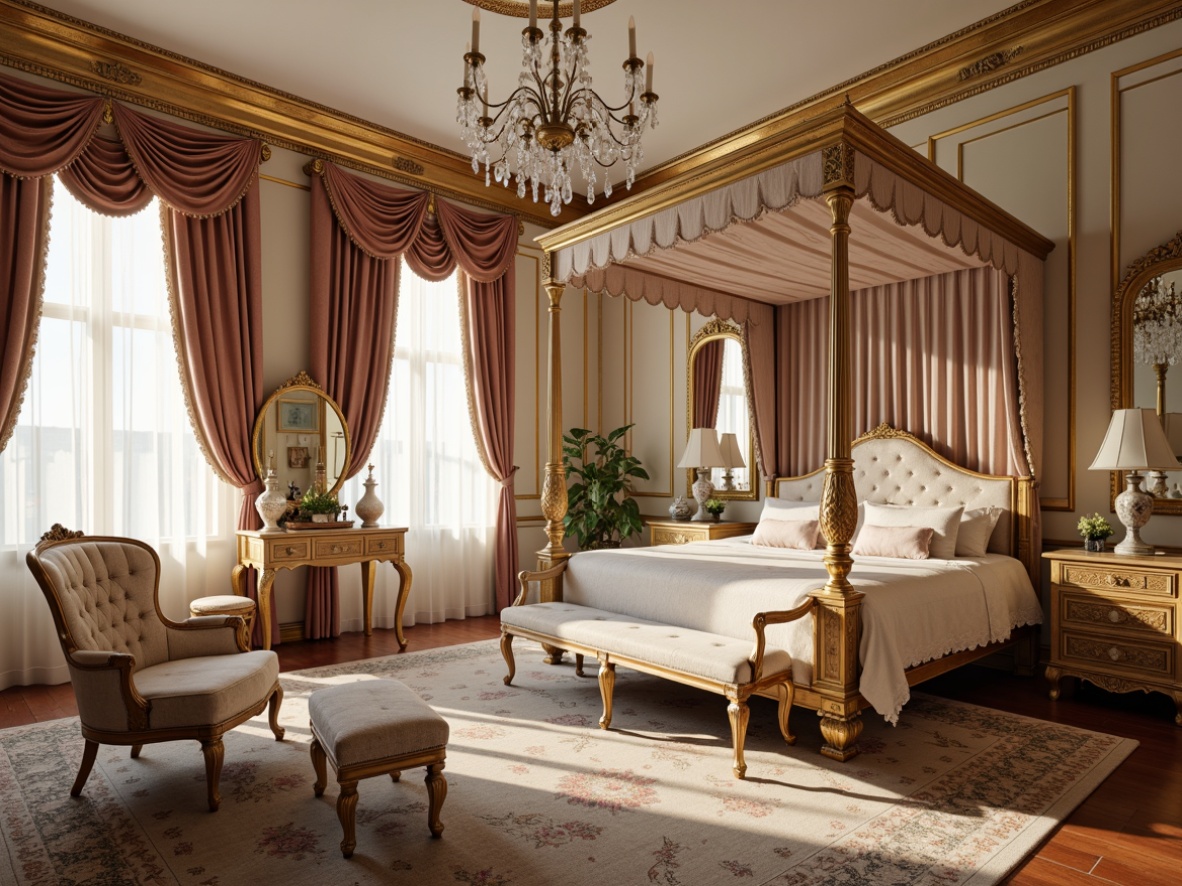 Prompt: Opulent boudoir, lavish velvet drapes, ornate gold leaf accents, intricately carved wooden furnishings, soft pastel hues, delicate porcelain vases, curved Louis XVI chairs, plush silk upholstery, sparkling crystal chandeliers, romantic candlelight, richly patterned rugs, whimsical French-inspired motifs, dainty lace trim, feminine vanity tables, gilded mirrors, majestic four-poster beds, luxurious tufted headboards, airy sheer curtains, warm beige tones, classic 18th-century elegance, ornate metalwork details.