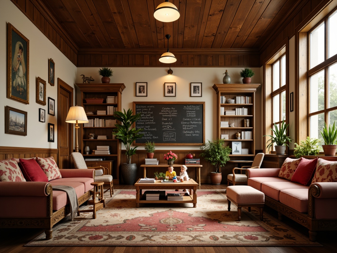 Prompt: Elegant kindergarten classroom, rich wood tones, ornate furnishings, plush velvet sofas, carved wooden chairs, intricate patterns, soft pastel colors, vintage-inspired decorations, antique educational tools, wooden desks, chalkboards, traditional blackboards, cozy reading nooks, warm golden lighting, shallow depth of field, 1/1 composition, realistic textures, ambient occlusion.