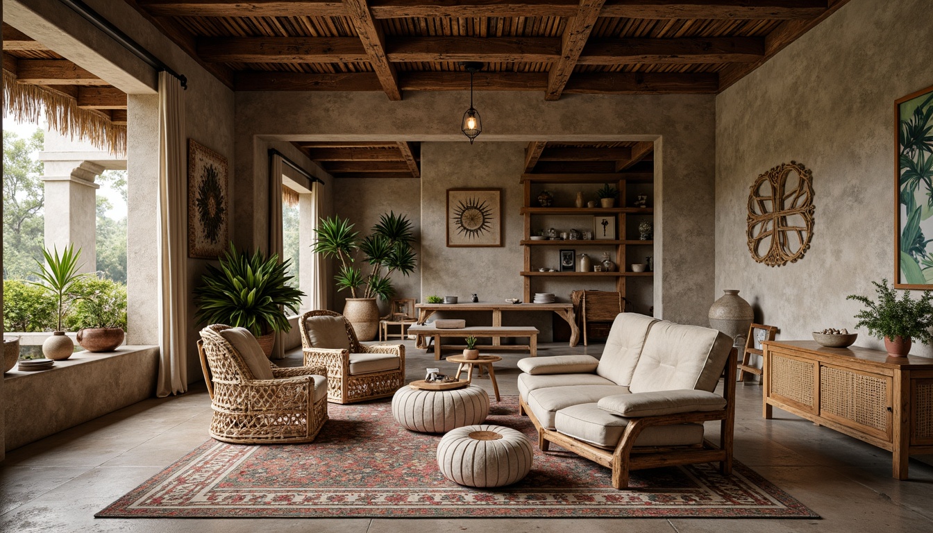 Prompt: Rustic stone walls, weathered wooden planks, distressed metal panels, rough-hewn concrete floors, ornate tile patterns, intricate mosaics, natural fiber textiles, woven rattan furniture, earthy color palette, organic shapes, eclectic bohemian decor, warm ambient lighting, shallow depth of field, 1/1 composition, realistic rendering.