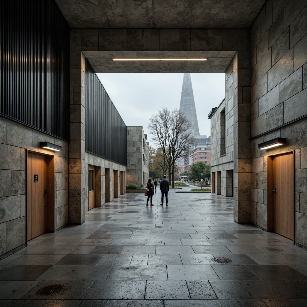 Prompt: Rough-hewn concrete walls, brutalist high school building, rugged stone fa\u00e7ade, weathered metal cladding, distressed wood accents, industrial-style lighting fixtures, exposed ductwork, minimalist interior design, cold atmospheric color palette, harsh overhead lighting, dramatic shadow play, 1/1 composition, low-angle shot, gritty realistic textures, ambient occlusion, bold geometric shapes, urban cityscape background, overcast sky, soft misty atmosphere.