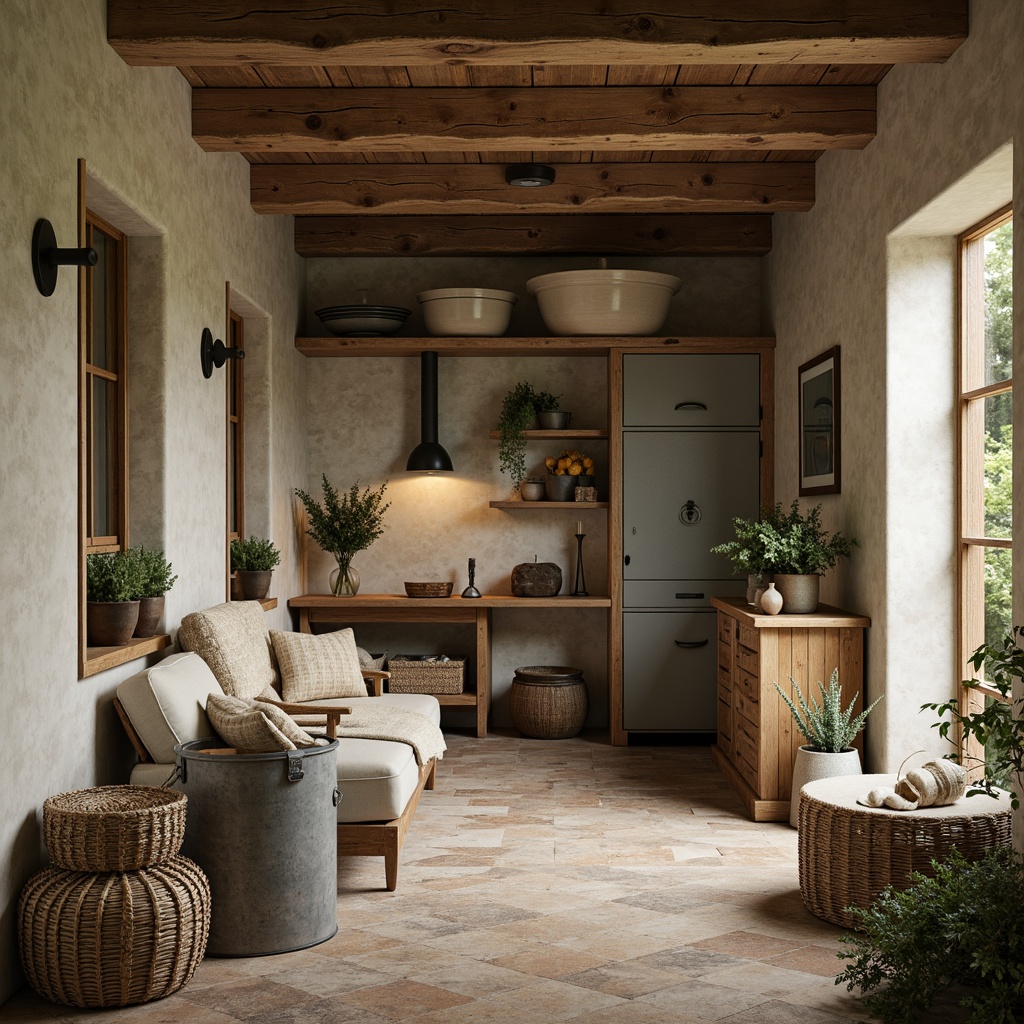 Prompt: Rustic farmhouse, wooden accents, earthy tones, warm beige, soft sage, weathered wood, galvanized metal, distressed finishes, vintage decor, natural textiles, woven baskets, potted greenery, soft candlelight, cozy atmosphere, shallow depth of field, 1/1 composition, realistic rendering, ambient occlusion.