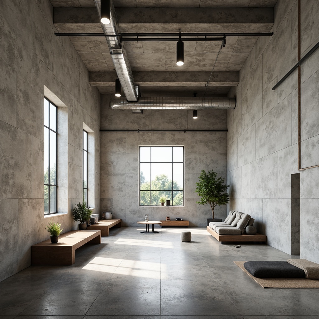 Prompt: Bare concrete walls, industrial-style lighting, minimalist furnishings, sparse greenery, exposed ductwork, raw metal beams, polished concrete floors, brutalist architectural elements, functional simplicity, monochromatic color scheme, abundant natural light, rectangular windows, sleek wooden accents, subtle textures, 1/1 composition, softbox lighting, realistic shadows, ambient occlusion.