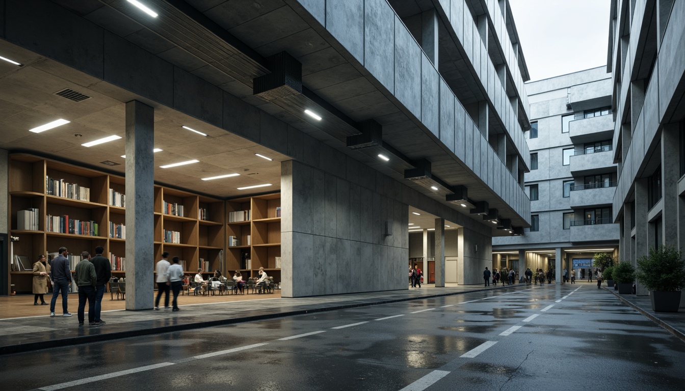 Prompt: Gritty high school building, brutalist architecture, raw concrete walls, exposed ductwork, industrial-style lighting, polished concrete floors, minimalist classrooms, modern educational facilities, urban cityscape, cloudy grey sky, dramatic shadows, low-angle photography, 1/1 composition, moody atmosphere, realistic textures, ambient occlusion.