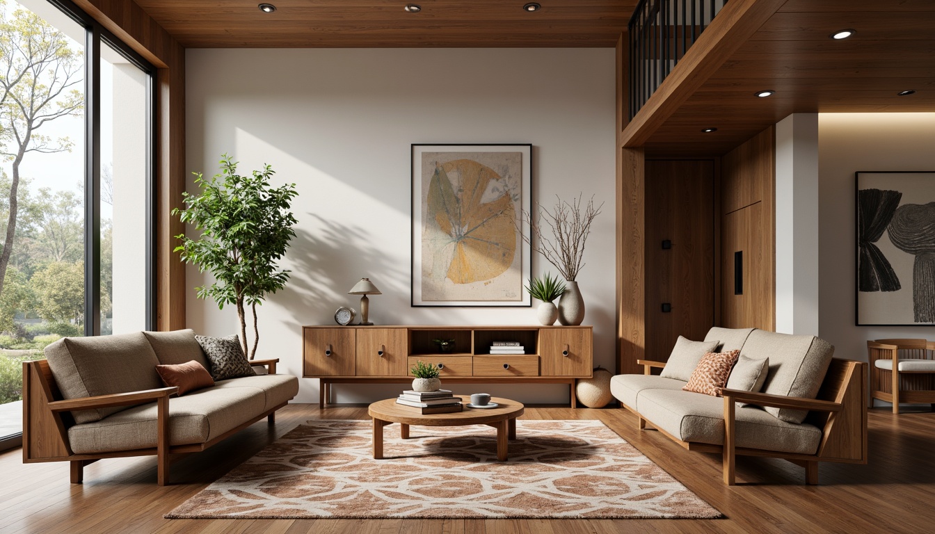 Prompt: Mid-century modern living room, walnut wooden furniture, sleek low-profile sofas, geometric patterned rugs, floor-to-ceiling windows, natural light, minimalist decor, organic shapes, tapered legs, tufted upholstery, retro-inspired lighting fixtures, vintage decorative accessories, warm earthy tones, cozy throw blankets, lush greenery, abstract artwork, statement walls, 3/4 composition, softbox lighting, shallow depth of field.