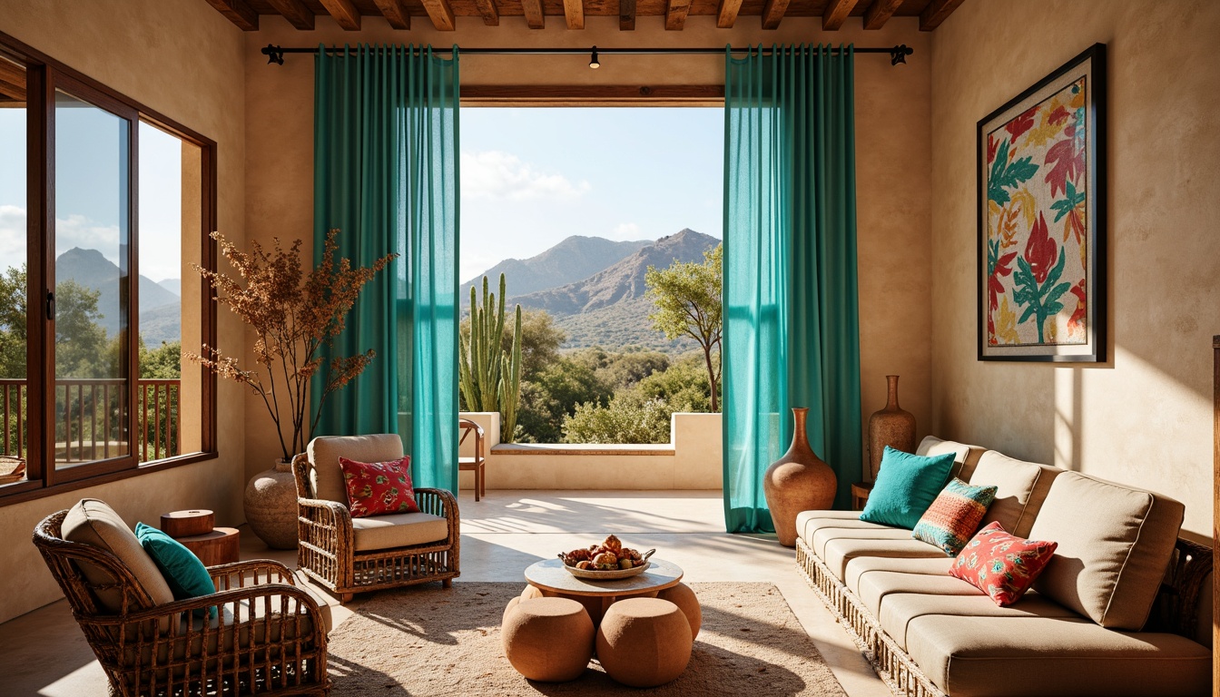 Prompt: Vibrant turquoise accents, rustic wooden furniture, woven wicker chairs, plush southwestern patterned cushions, earthy terracotta vases, colorful Navajo-inspired textiles, distressed leather ottomans, natural fiber rugs, warm sandy beige walls, desert landscape views, abundant cacti, bright sunny day, soft warm lighting, shallow depth of field, 3/4 composition, realistic textures, ambient occlusion.