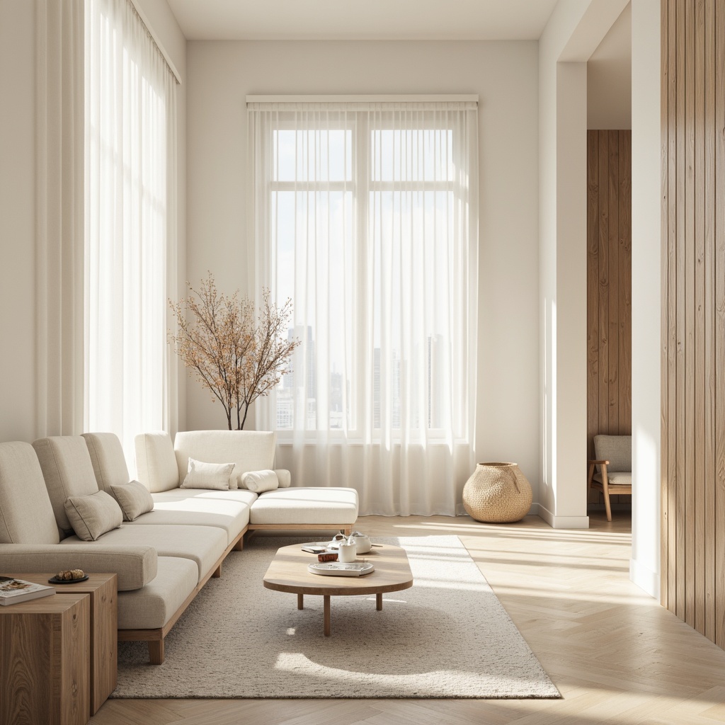 Prompt: Monochromatic color scheme, soft pastel hues, creamy whites, pale grays, taupe neutrals, natural wood accents, subtle texture contrasts, minimalist furniture, sleek lines, simple shapes, open spaces, abundant natural light, airy atmosphere, gentle shadows, warm ambient glow, 1/1 composition, shallow depth of field, realistic renderings.