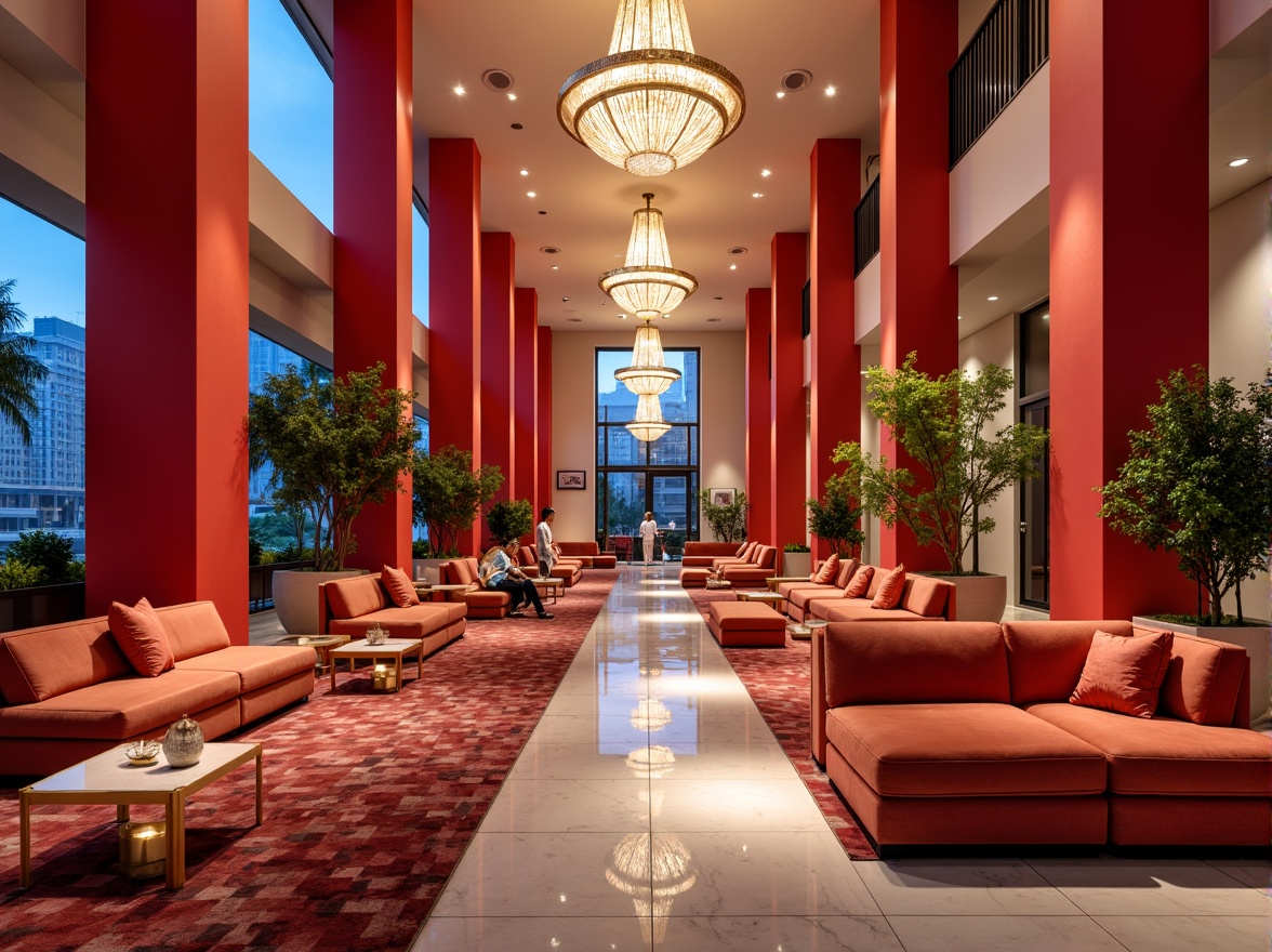 Prompt: Vibrant boutique hotel lobby, bold geometric patterns, bright coral walls, luxurious velvet sofas, metallic gold accents, crystal chandeliers, polished marble floors, modern minimalist decor, sleek LED lighting, dramatic high ceilings, urban cityscape views, warm atmospheric glow, shallow depth of field, 1/1 composition, realistic textures, ambient occlusion.