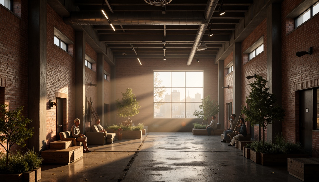 Prompt: Rustic industrial warehouse, exposed brick walls, metal beams, reclaimed wood accents, urban cityscape, foggy morning atmosphere, warm golden lighting, soft misty effects, shallow depth of field, 2/3 composition, cinematic mood, gritty textures, subtle color grading.