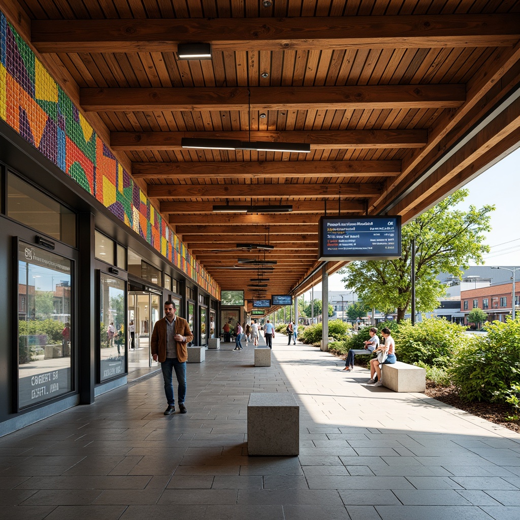 Prompt: Vibrant bus station, vernacular architecture, rustic wooden beams, colorful ceramic tiles, wayfinding signage, clear directions, informative displays, intuitive navigation, modern LED lighting, sleek metal frames, bold typography, bright color schemes, pedestrian-friendly pathways, lush greenery, natural stone flooring, ample seating areas, warm ambient lighting, shallow depth of field, 1/2 composition, panoramic view, realistic textures, ambient occlusion.