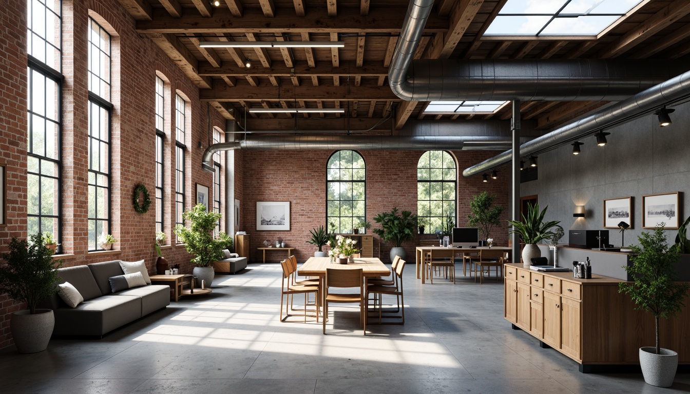 Prompt: Exposed brick walls, metal beams, reclaimed wood accents, industrial-style lighting fixtures, steel pipes, concrete floors, urban loft atmosphere, modern minimalist decor, functional workspaces, collaborative office areas, sleek metallic surfaces, distressed textures, vintage machinery parts, neutral color palette, natural light pouring in, overhead skylights, 1/1 composition, shallow depth of field, realistic renderings.