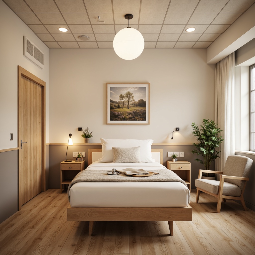 Prompt: Cozy hospital room, soft beige walls, calming artwork, comfortable patient bed, adjustable headboard, plush pillows, warm blankets, ergonomic chairs, wooden side tables, soothing color scheme, gentle lighting, natural wood flooring, acoustic ceiling tiles, sound-absorbing panels, minimalist decor, peaceful ambiance, warm neutral tones, inviting atmosphere, functional storage units, convenient outlets, USB charging stations, relaxing music playlist, calming nature sounds.