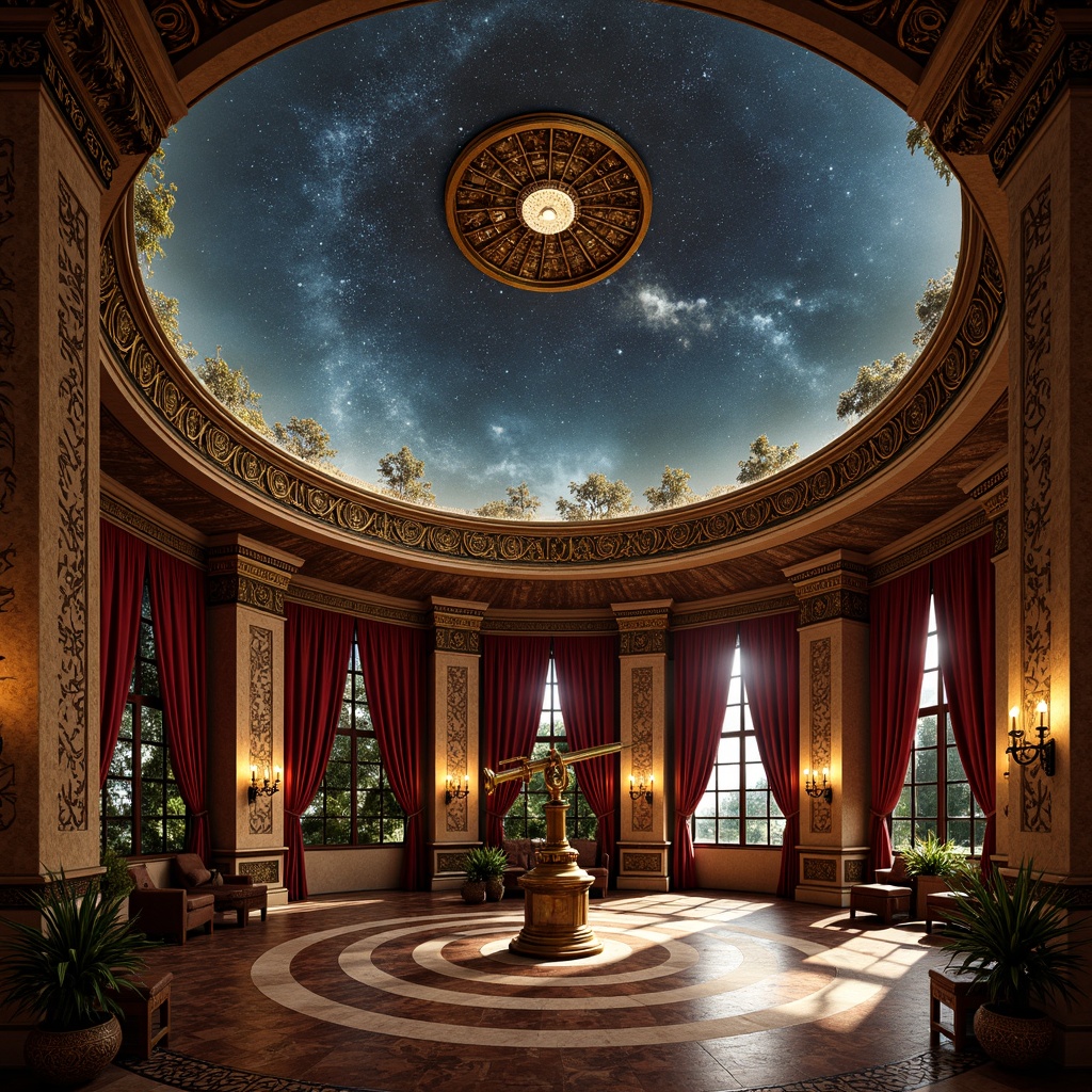 Prompt: \Ornate Victorian planetarium, richly textured surfaces, intricate moldings, celestial starry night sky, grand domed ceiling, ornamental metalwork, antique telescopes, vintage astronomical instruments, luxurious velvet drapes, polished wooden floors, intricate patterns, warm golden lighting, soft focus, shallow depth of field, 1/2 composition, cinematic view, highly detailed textures, ambient occlusion.\