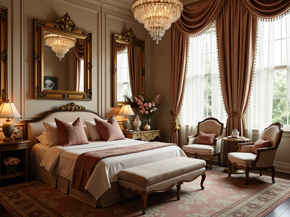 Prompt: Opulent boudoir, lavish velvet upholstery, intricately carved wooden frames, gilded mirrors, ornate chandeliers, soft pastel hues, delicate porcelain vases, lace-trimmed drapes, tufted ottomans, cabriole legs, curved lines, Rococo patterns, French provincial influences, luxurious fabrics, crystal accents, subtle sheen, warm golden lighting, shallow depth of field, 1/1 composition, intimate atmosphere, realistic textures.