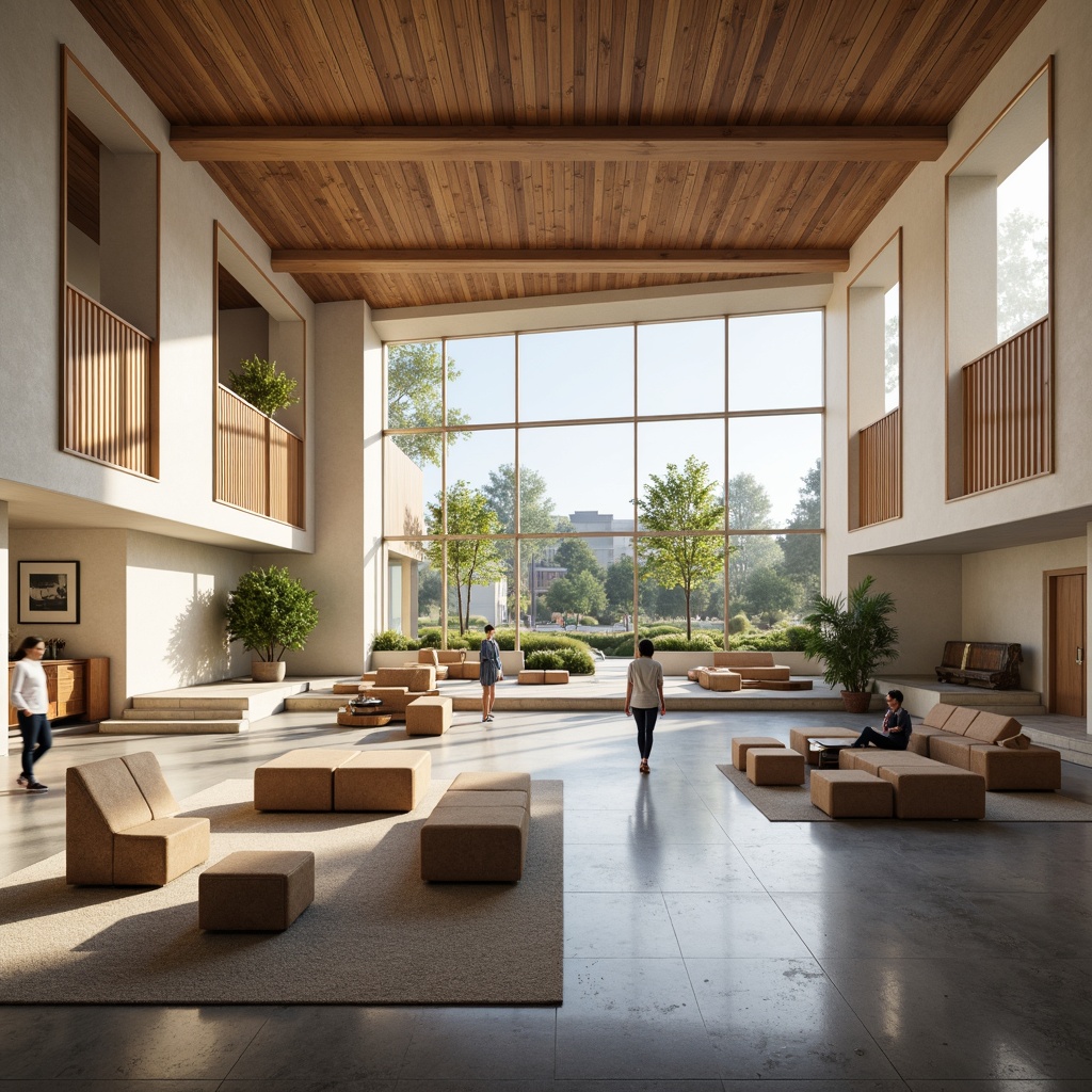 Prompt: Spacious memorial center, open floor plan, high ceilings, natural light pouring, minimal columns, flexible layout, communal gathering space, comfortable seating areas, warm wood accents, subtle color palette, abstract art pieces, soft carpeting, ambient lighting, shallow depth of field, 1/1 composition, panoramic view, realistic textures, ambient occlusion.