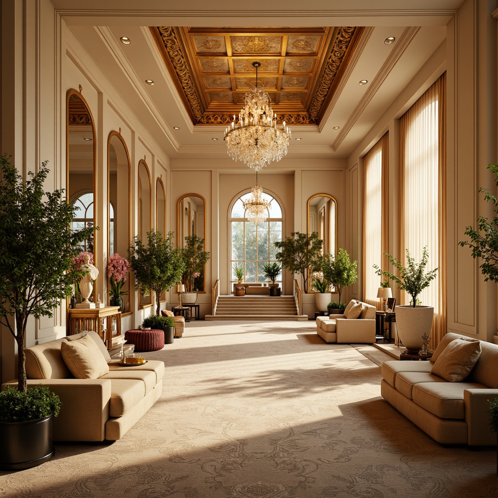 Prompt: Elegant event space, luxurious fabrics, metallic accents, rich wood tones, warm golden lighting, soft cream walls, lavish greenery, blooming floral arrangements, sophisticated furniture pieces, ornate mirrors, grand chandeliers, plush carpeting, majestic staircases, opulent drapery, refined color scheme, harmonious contrast, vibrant accent colors, pastel hues, soft focus, 3/4 composition, atmospheric perspective, realistic textures, ambient occlusion.