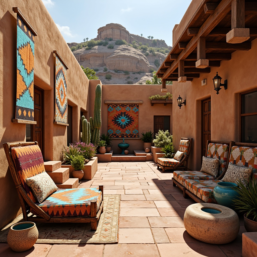 Prompt: Vibrant Native American patterned fabrics, bold geometric shapes, earthy tones, rustic wooden accents, traditional adobe architecture, warm desert landscapes, turquoise accents, woven baskets, hand-carved wooden furniture, colorful pottery, sun-kissed patios, cacti-filled gardens, dramatic rock formations, soft golden lighting, shallow depth of field, 1/2 composition, realistic textures, ambient occlusion.