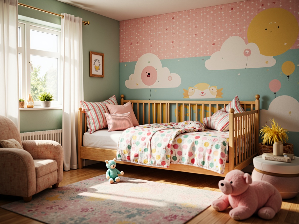 Prompt: Vibrant kids' bedroom, whimsical expressionist style, colorful polka-dot wallpaper, soft plush toys, curly patterned rug, wooden crib, pastel-hued furniture, playful string lights, fantastical murals, dreamy clouds, fluffy white curtains, cozy reading nook, oversized pillows, lively striped bedding, warm golden lighting, shallow depth of field, 1/1 composition, realistic textures, ambient occlusion.