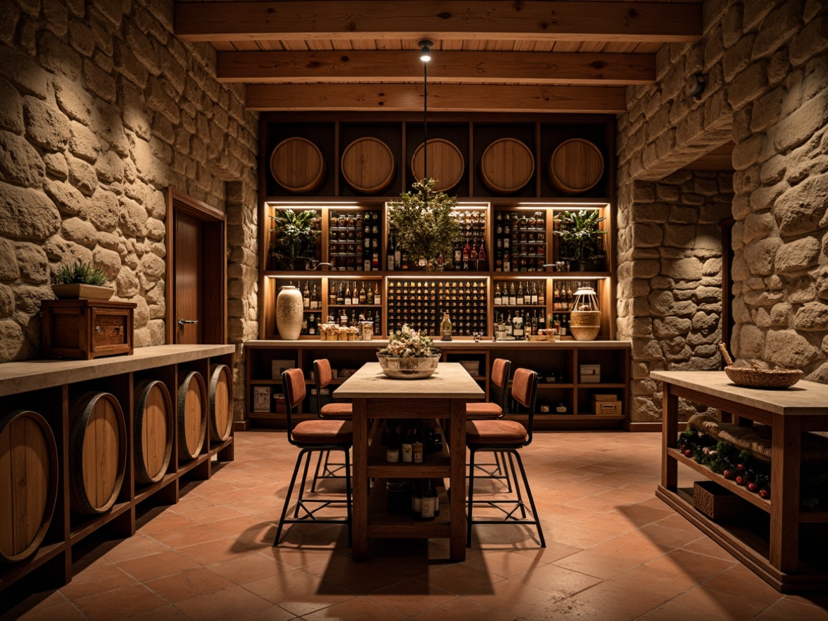 Prompt: Earthy wine cellar, rustic stone walls, reclaimed wood shelves, dim warm lighting, rich leather furnishings, vintage wine barrels, wooden crates, earthy terracotta flooring, natural stone countertops, wrought iron racks, ornate metalwork, subtle warm colors, soft ambient glow, shallow depth of field, 1/1 composition, realistic textures, atmospheric misting.