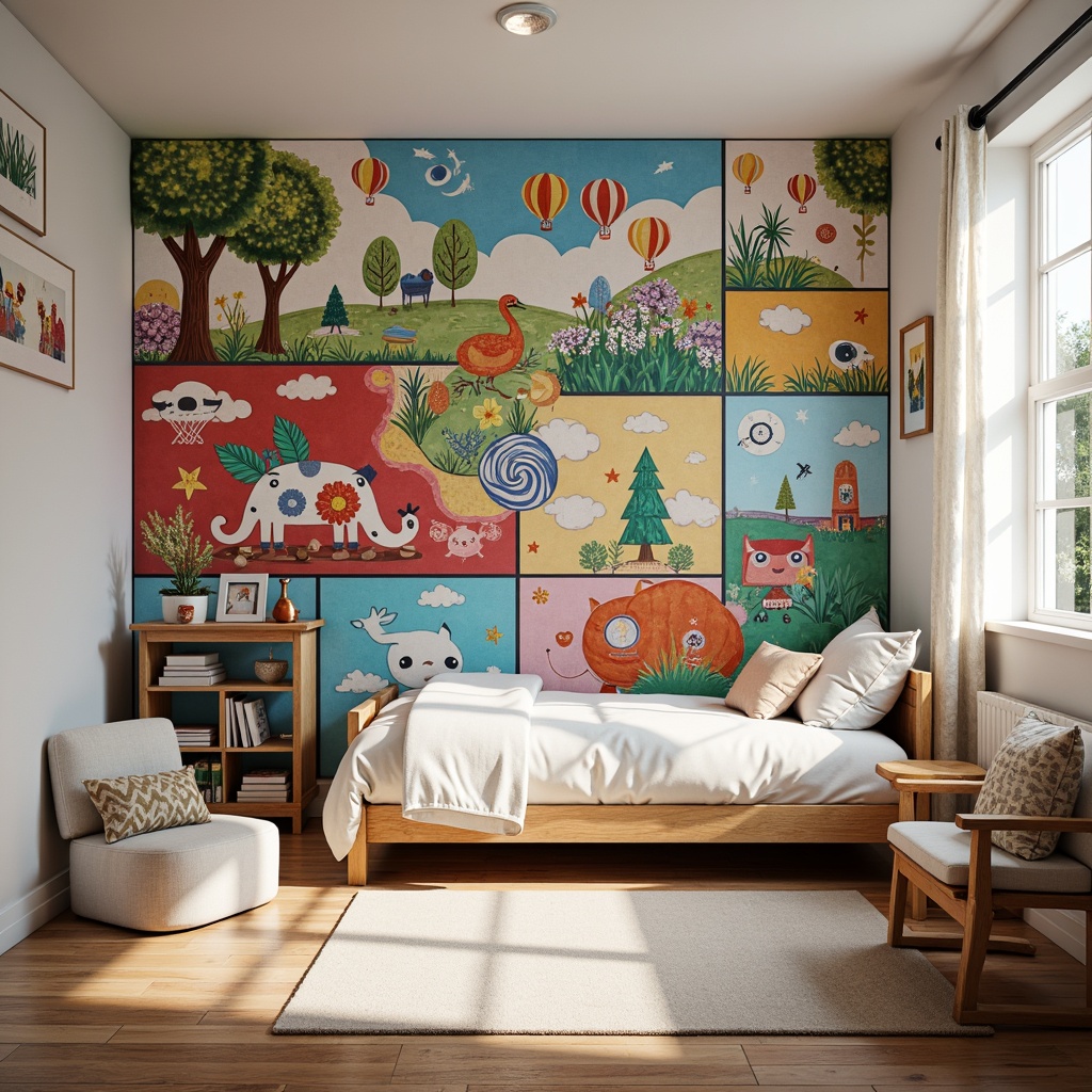 Prompt: Vibrant kids' room, playful wall art, expressionist paintings, whimsical colors, swirling shapes, bold brushstrokes, textured canvases, framed illustrations, fantasy creatures, adventurous landscapes, hot air balloons, fluffy clouds, bright sunny skies, wooden floors, cozy reading nooks, plush toys, soft pillows, warm lighting, shallow depth of field, 1/2 composition, vivid color palette, loose expressive strokes, abstract forms, youthful energy.