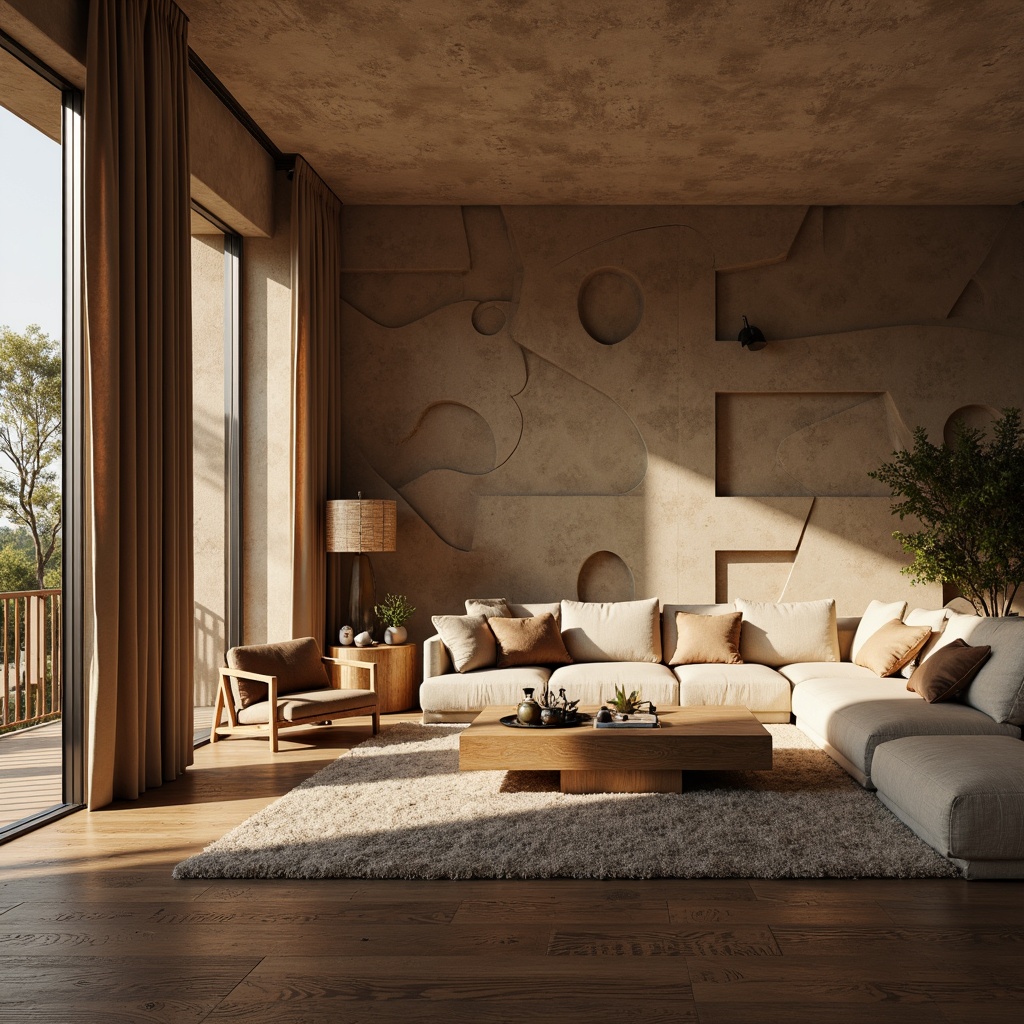 Prompt: Cozy living room, textured walls, earthy tone colors, natural stone accents, plush furniture, soft cushions, warm ambient lighting, rustic wooden floors, minimalist decor, geometric patterns, organic shapes, 3D wall design, modern interior style, inviting atmosphere, relaxing ambiance, soft focus, shallow depth of field.