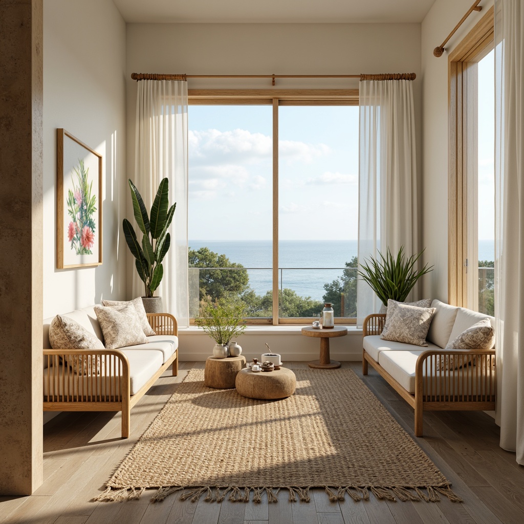 Prompt: Coastal-themed interior, calming ocean views, soft sandy beige walls, driftwood-inspired furniture, sea-glass accents, coral-patterned textiles, natural woven fibers, jute rugs, reclaimed wood floors, distressed wooden planks, shell-adorned decorative accessories, ocean-breeze color palette, creamy whites, blues, and greens, warm golden lighting, beachy minimalism, organic shapes, effortless elegance, 1/1 composition, shallow depth of field, realistic textures.