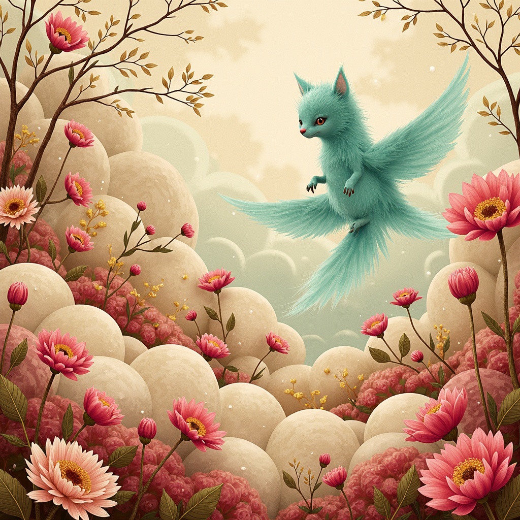 Prompt: Vibrant artistic illustration, cohesive color palette, pastel hues, soft gradient transitions, warm beige background, rich turquoise accents, deep crimson details, metallic gold highlights, creamy white textures, subtle shadowing, atmospheric perspective, dreamy ethereal mood, whimsical fantastical elements, intricate ornate patterns, stylized botanical motifs, delicate filigree lines, luminous glowing effects, shallow depth of field, 1/1 composition, realistic rendering.