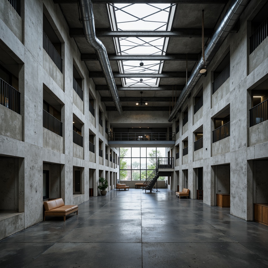 Prompt: Rugged high school building, brutalist architecture, raw concrete walls, industrial metal beams, exposed ductwork, polished concrete floors, minimalist decor, functional classrooms, modern educational facilities, urban cityscape background, overcast skies, dramatic shadows, high-contrast lighting, 1/2 composition, cinematic angle, realistic textures, ambient occlusion.