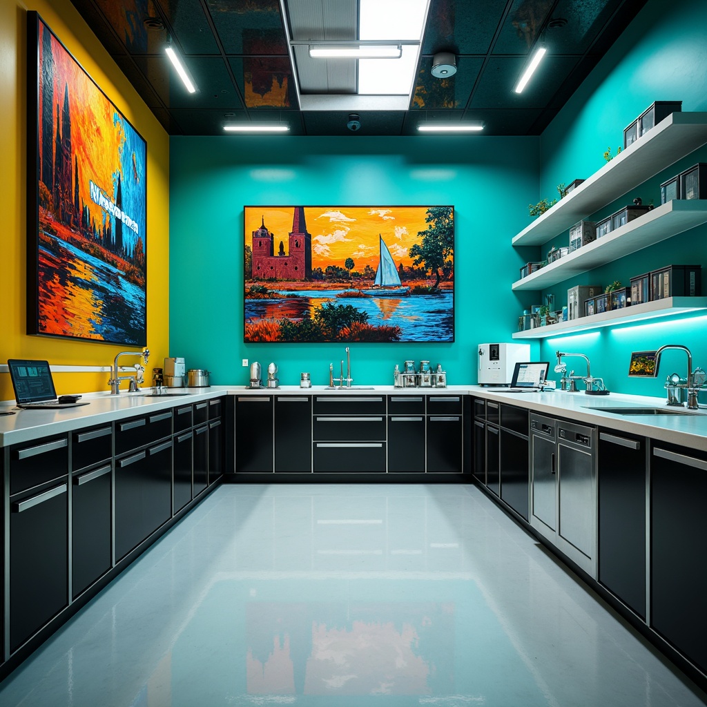 Prompt: Vibrant laboratory interior, bold expressionist art pieces, rich turquoise walls, glossy white countertops, metallic silver accents, sleek black cabinetry, neon-lit shelves, futuristic lab equipment, bold brushstroke patterns, abstract geometric shapes, moody atmospheric lighting, dramatic color contrasts, 1/2 composition, shallow depth of field, warm vibrant colors, avant-garde furniture designs.