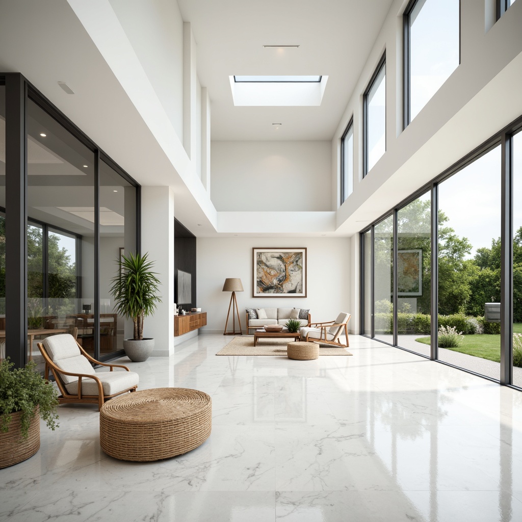 Prompt: Spacious interior, floor-to-ceiling windows, minimal window frames, sliding glass doors, reflective surfaces, polished marble floors, bright white walls, clerestory windows, skylights, open-plan living area, minimalist decor, natural textiles, woven bamboo chairs, greenery-filled planters, warm wood accents, subtle color palette, soft diffused lighting, 1/1 composition, shallow depth of field, realistic renderings.