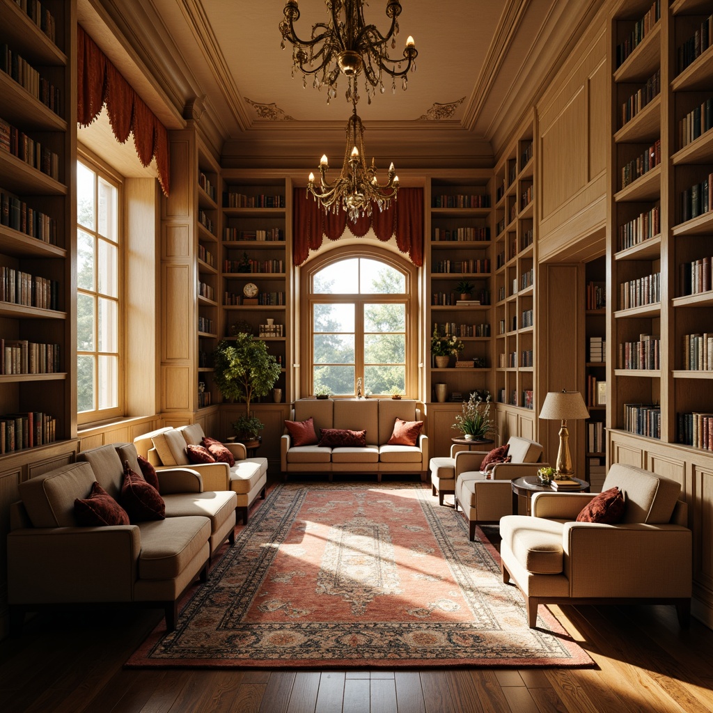 Prompt: Cozy library atmosphere, warm beige walls, rich wooden shelves, comfortable reading nooks, soft plush carpets, vintage book collections, elegant chandeliers, earthy tone furniture, natural stone accents, subtle color contrasts, muted pastel hues, calming ambiance, warm golden lighting, shallow depth of field, 1/2 composition, realistic textures, ambient occlusion.