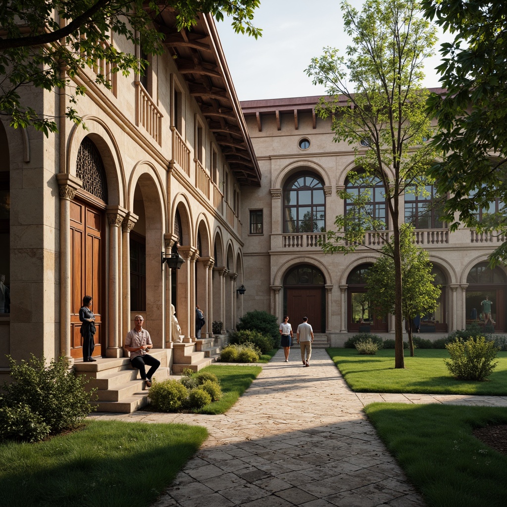 Prompt: Renaissance-style university campus, ornate stone facades, grand archways, rusticated quoins, decorative pilasters, intricately carved wooden doors, stained glass windows, vaulted ceilings, ornate metalwork, classical statues, sprawling green lawns, mature trees, meandering walkways, soft warm lighting, shallow depth of field, 1/1 composition, realistic textures, ambient occlusion.