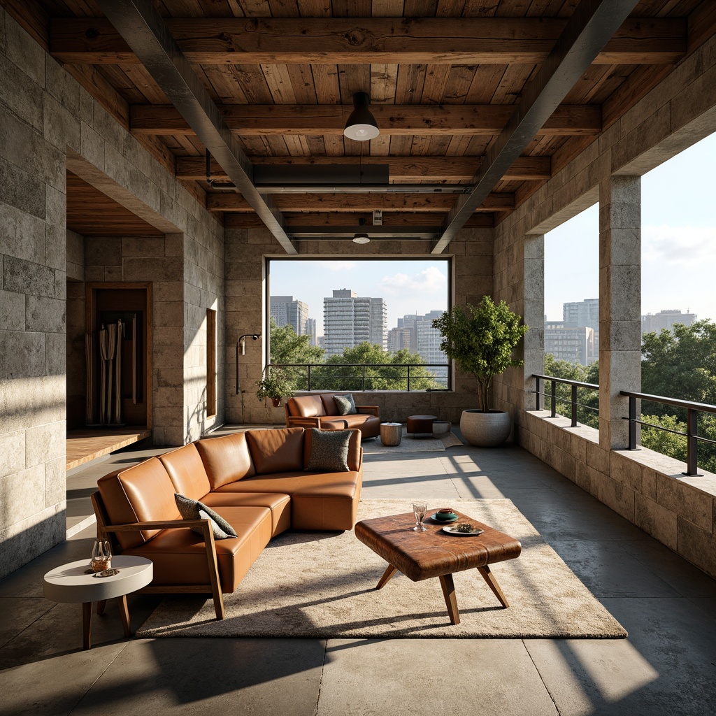 Prompt: Rugged sunroom, brutalist architecture, rough-hewn stone walls, exposed concrete columns, weathered wooden accents, industrial metal beams, distressed leather furniture, earthy tone color palette, natural light pouring in, geometric shapes, minimalist decor, urban landscape views, modern cityscape backdrop, harsh overhead lighting, deep shadows, high contrast ratio, 1/2 composition, dramatic focal point, realistic material textures, ambient occlusion.