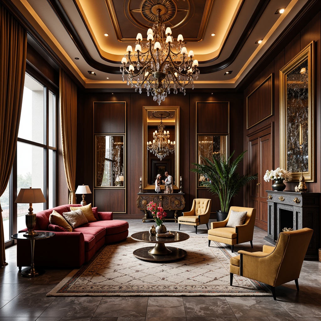 Prompt: Luxurious living room, ornate metalwork, velvet upholstery, curved lines, geometric patterns, metallic accents, polished marble floors, lavish chandeliers, opulent drapery, rich wood tones, antique furniture pieces, glamorous mirrors, bold color schemes, sunburst motifs, zigzag patterns, inlaid woods, sculptural shapes, high-gloss finishes, dramatic lighting, 1/1 composition, shallow depth of field, realistic textures.