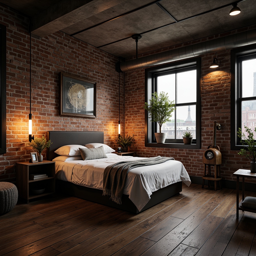 Prompt: Industrial-chic bedroom, exposed brick walls, distressed wood flooring, metal accents, reclaimed wooden furniture, urban loft atmosphere, dimmed pendant lamps, Edison bulb lighting, vintage machinery parts, concrete ceilings, industrial-style windows, minimalist decor, moody color palette, rich textures, atmospheric shadows, cinematic lighting, shallow depth of field, 1/2 composition, gritty realistic render.