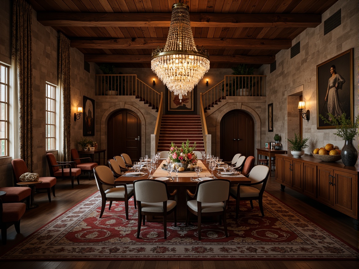 Prompt: Classic chandelier, ornate metalwork, crystal droplets, warm soft lighting, rich wood tones, traditional furniture pieces, formal dining setting, luxurious fabrics, intricate patterns, rustic stone walls, grand staircase, high ceilings, symmetrical composition, dramatic shadows, warm color palette, ambient lighting, subtle texture details.